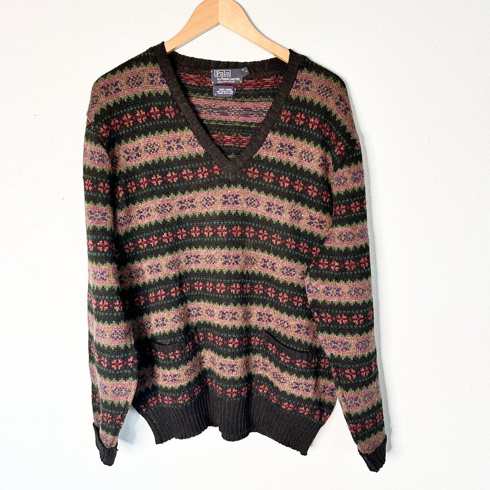 Vintage Polo Ralph Lauren Fair Isle Wool V Neck Sweater Large Men's Black
